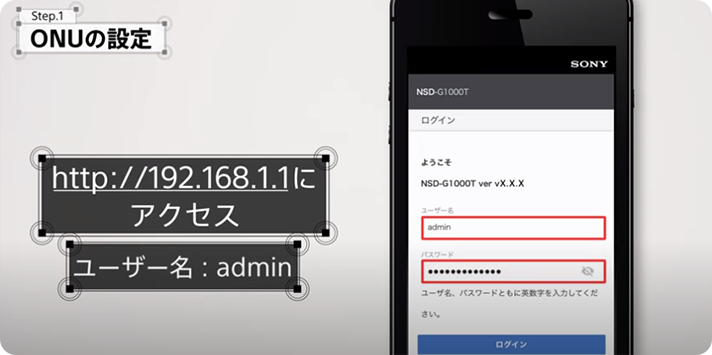 Step.1 ONUの設定 Http://192.168.1.1にアクセス ユーザー名:admin